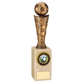 BRONZE/GOLD PLASTIC FOOTBALL FIGURE ON CREAM MARBLE TROPHY - (1in CEN) 10in